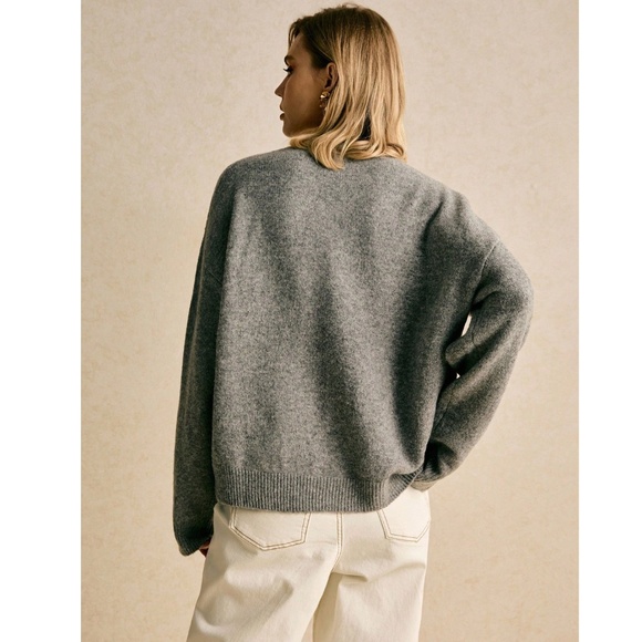 Gray Knit Oversized Cardigan White Floral Embroidery Button Down - Picture 4 of 10